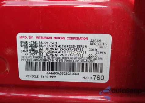 2016 Mitsubishi Outlander Se z USA, uszkodzony, nr VIN JA4AD3A35GZ021963